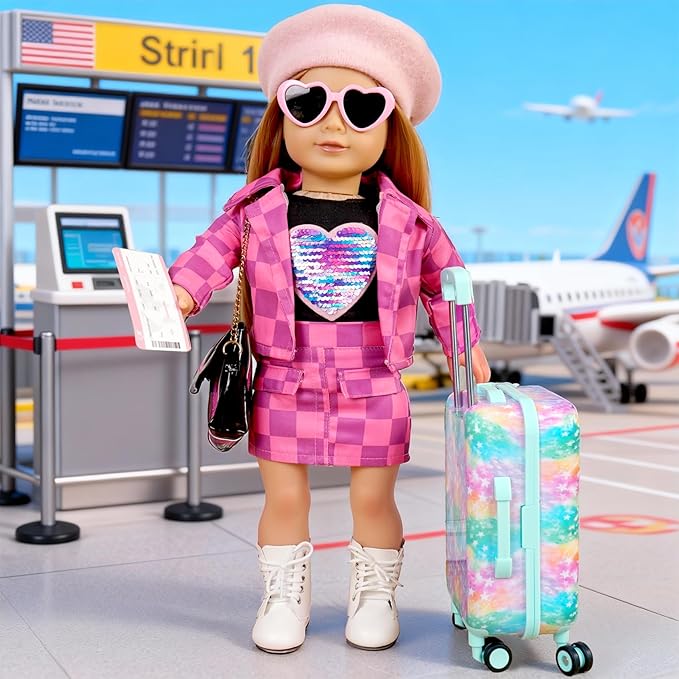 American 18 inch Doll Clothes Accessories Girl Suitcase Luggage Travel Set-Doll Clothing Hat Handbag Sunglasses Camera Computer Passport Cell Phone for Valentine's Day Birthday(NO Doll)