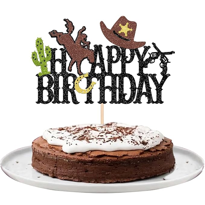 1 PCS Cowboy Happy Birthday Cake Topper Glitter Hat Horseshoe Cactus Gun Cake Pick for Western Theme Baby Shower Kids Birthday Party Cake Decorations