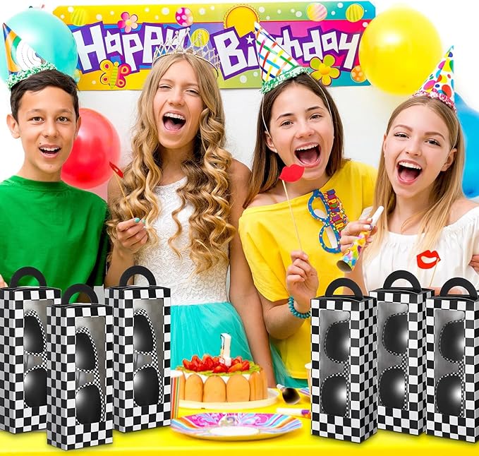 32 Pcs Race Car Party Favors Set 16 Black and White Checkered Favor Boxes and 16 Checkered Sunglasses Gift Boxes for Race Car Party Birthday Decorations