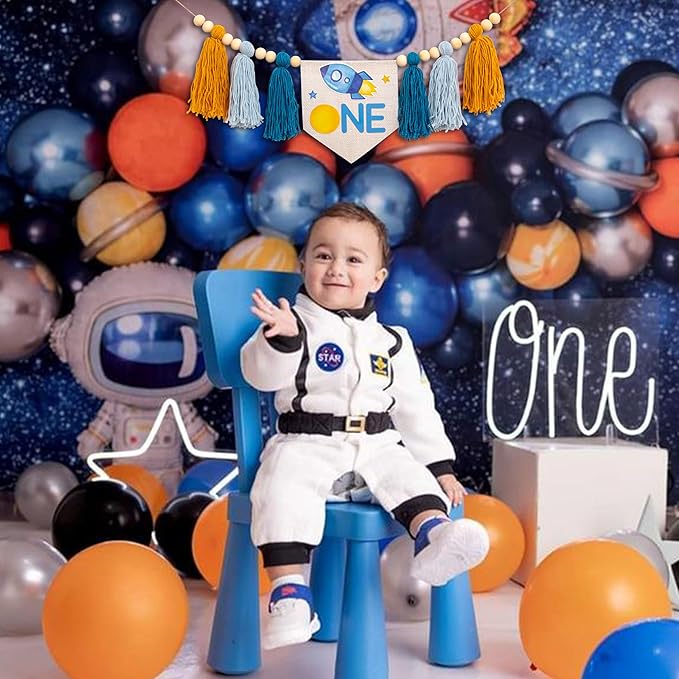 Gostman Outer Space ONE High Chair Banner - First Trip Around The Sun Birthday Party Decorations,Space Themed First Birthday Highchair Banner,Space Ship Sign Decor (outer space banner)