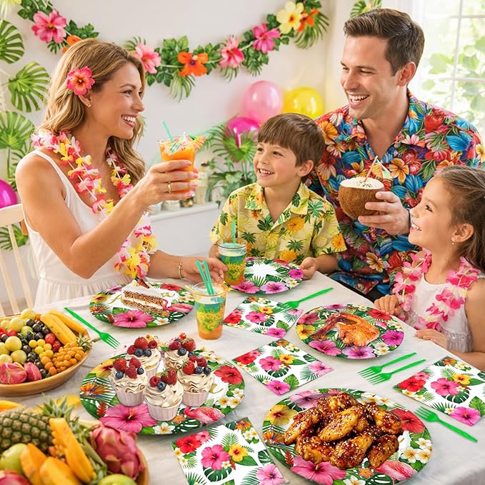 96 Pcs Hawaiian Luau Party Paper Plates Tableware Set (Serves 24), Hawaiian Birthday Decorations Include Plates Napkins Forks For Hibiscus Floral Party