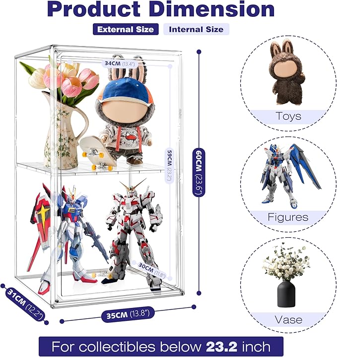 23.6'' Tall Acrylic Display Case 13.8''x12.2''x23.6'' Clear Display Case Adjustable Display Box with a Movable Divider Huge Showcase for Collectible Figure Doll, Dustproof Boot Helmet Storage Box