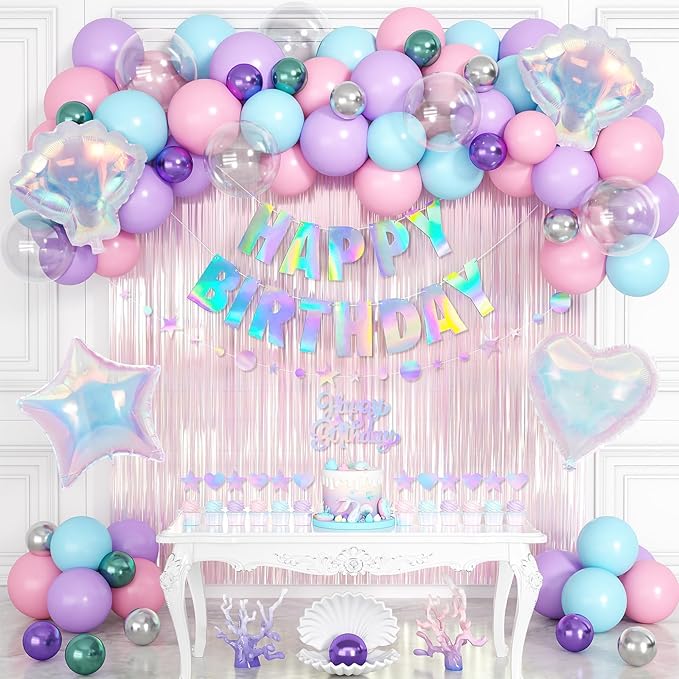 Mermaid Birthday Decorations for Girls Women, Iridescent Birthday Party Decorations, Happy birthday Banner, Pastel Balloons, Fringe Curtains, Star Garland, Cake Toppers for Under the Sea Party Decor