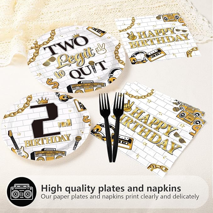 96Pcs Two Legit Quit Birthday Decorations Hip Hop 2nd Birthday Plates and Napkins Gold Black Rapper Theme Decorations for Kids Retro 90s Hiphop Two Years Old Bday Party Supplies Serves 24