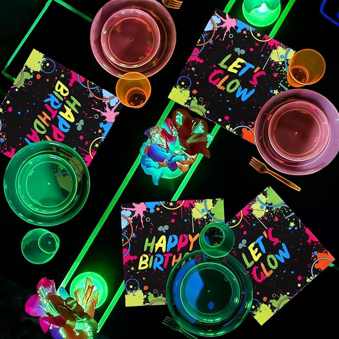 100Pcs Let’s Glow Party Napkins, 13 x 13 Inches Glow in The Dark Paper Napkins, Black Light Neon Paint Party Napkins for Lets Glow Crazy Party Neon Fluorescent Birthday Party Decorations