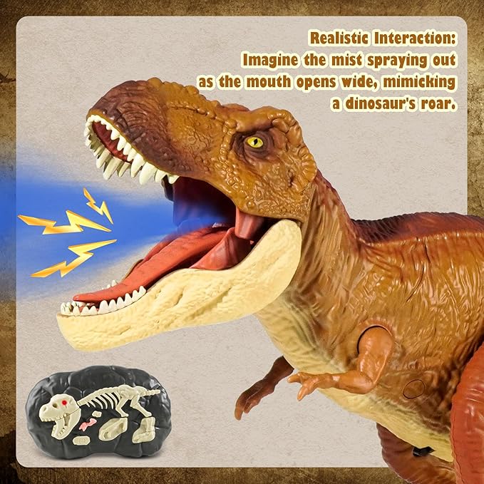 Tyrannosaurus Remote Control Dinosaur Toys for Kids 3-12, Adjustable Speed T Rex Toys with Mist Spray, Light & Roar, RC Robot Dinosaur Christmas, Birthday Gifts for Boys Girls（Brown）
