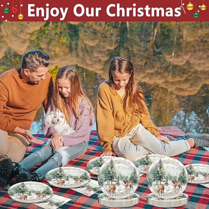50Pcs Christmas Reindeer Paper Plates and Napkins Watercolor Deer Snow Pine Trees Snowflakes Table Decoration Winter Woodland Disposable Tableware Set 25 Guests Xmas Holiday Birthday Party Supplies