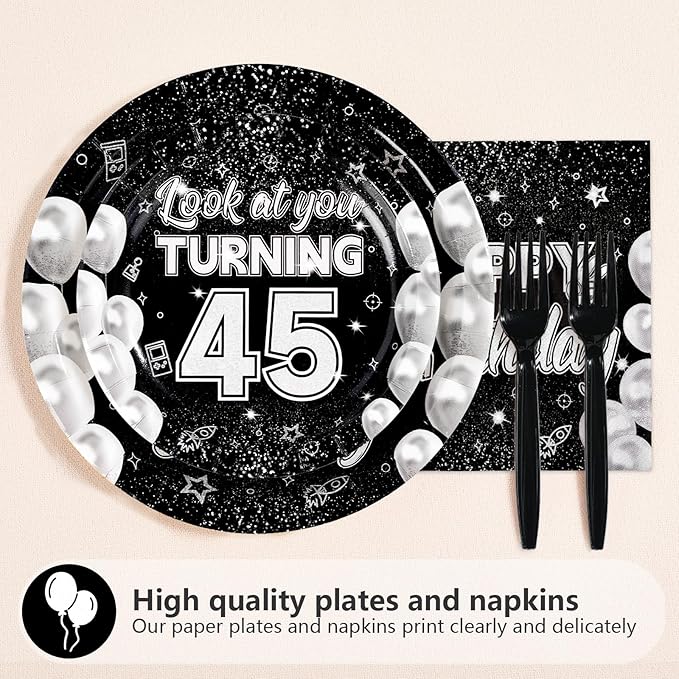 96Pcs 45th Birthday Party Decorations for Men Women Black White 45th Paper Plates and Napkins Set It's My 45th Birthday Theme Decorations for Look at You Turning 45 Years Old Party Supplies Serves 24