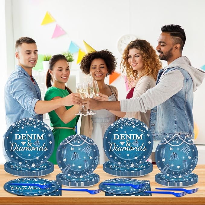 gisgfim 96Pcs Denim and Diamonds Party Plates and Napkin Party Supplies Denim Theme Party Jacket Jeans Tableware Set Crystal Paper Dinner Bachelorette Party Decorations for Wedding Serves 24