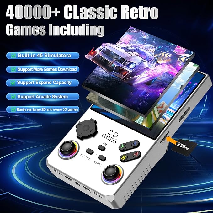 2026 V40MAX Upgraded Retro Handheld Game Console, Built in 40,000+Classic Games, 40+Simulators, Linux System, 4.0-inch 4K HD IPS Screen Video Player, 256GB, Portable Pocket Arcade Console(Silvery)