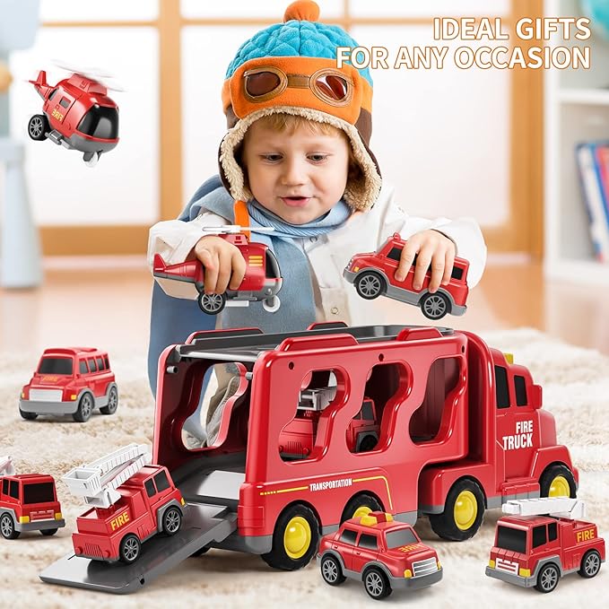 Fire Truck Toys for Toddler 1-3 3-5, Transport Car with Light Sound, 7-in-1 Fire Car Carrier Vehicle Set for Girls 1 2 3 4 5 6 Years Old, Birthdays Gifts for Kids Girls Aged 3-9