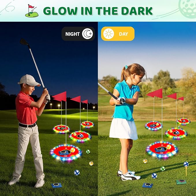 Light Up Golf Play Set - Upgraded Backyard Golf Chipping Game with 6 LED Targets, 2 Clubs, 18 Balls, 6 Bean Bags, Night Golf Toys Gifts for Kids Golfers Family Indoor Outdoor Beach Lawn Park