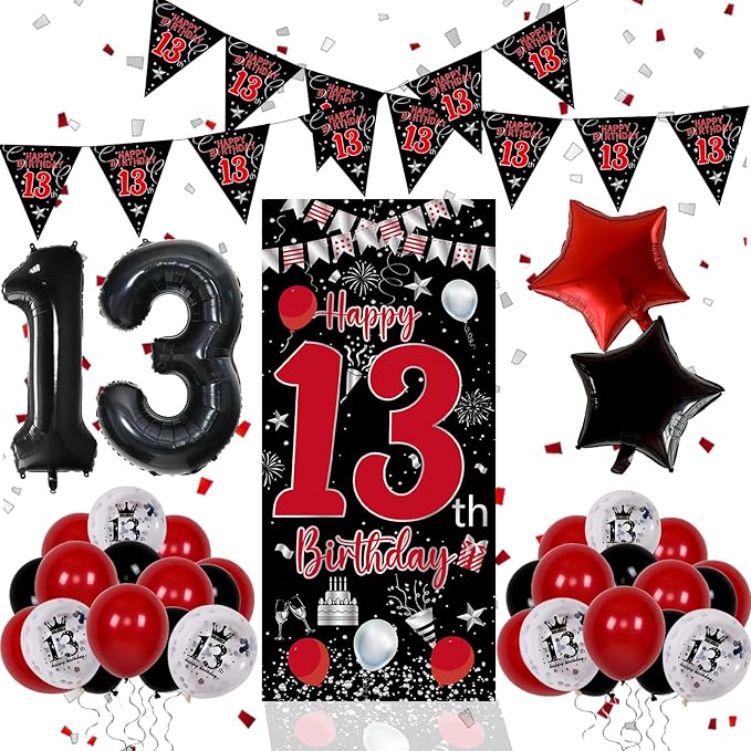 13th Birthday Decorations for Boys Girls, Red Black Happy 13th Birthday Door Banner Sign, Boy 13 Year Old Bday Party Decor Triangle Flag, Large 13 Balloons, Official 13 Teenager Decorations