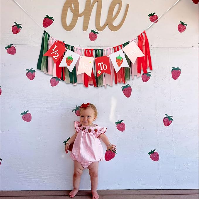Strawberry 1/2 Way To One High Chair Banner - 6 Months Birthday Party Decorations, Berry Sweet Girl Half Birthday Party Supplies High Chair Banner, Strawberry Sign Baby Shower Party Garland
