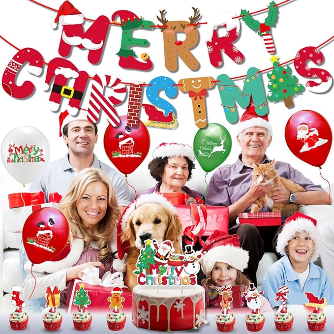 43Pcs Christmas Party Decorations Snowman Santa Claus Party Supplies 1 Pcs Merry Christmas Banner 24Pcs Red Green Balloons 2Pcs Ribbons and 16 Pcs Cupcake Toppers for Party Indoors Decor