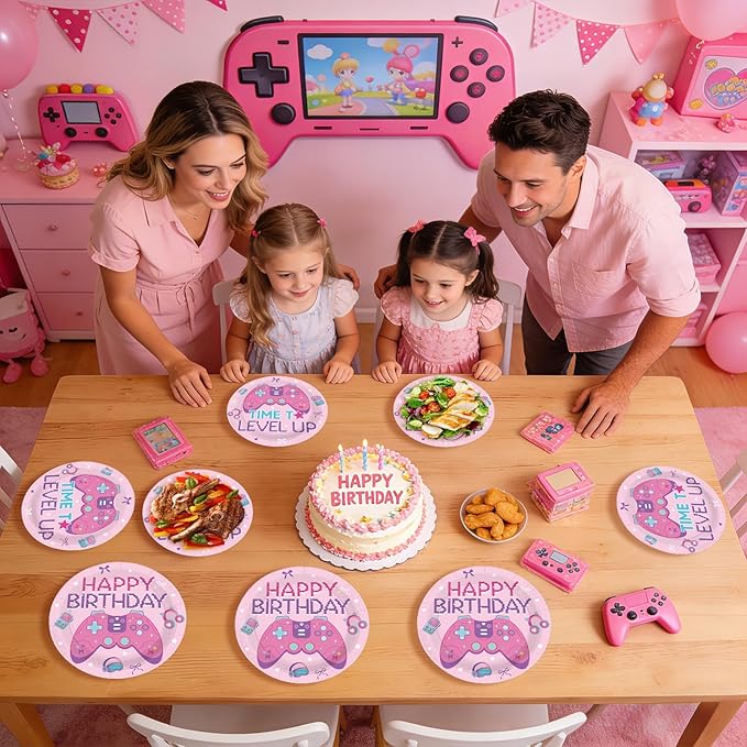 96Pcs Video Game Birthday Party Supplies Pink Game Birthday Plates and Napkins Teens Gaming On Level Up Tableware Set for Girls Kids Baby Shower Gamer Party Decorations Serves 24