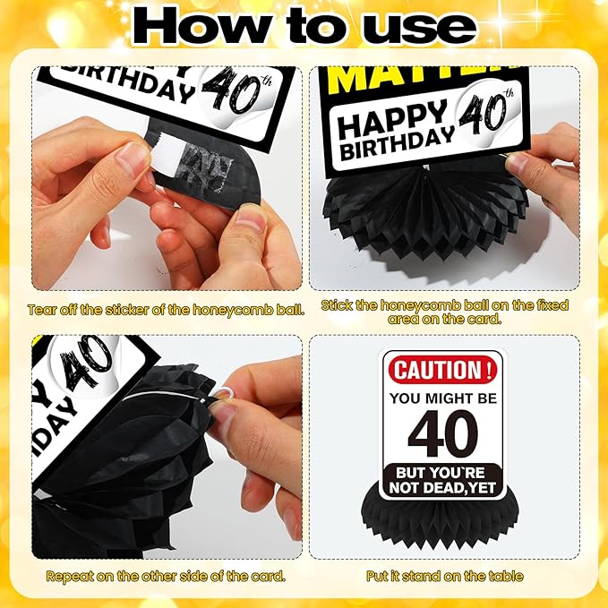 Funny 40th Birthday Decorations 9Pcs 40th Birthday Honeycomb Centerpieces for Adults 40 Years Old Party Decor, Cheers to 40 Years Party Banner Table Topper Caution Logos Sign for Men Women
