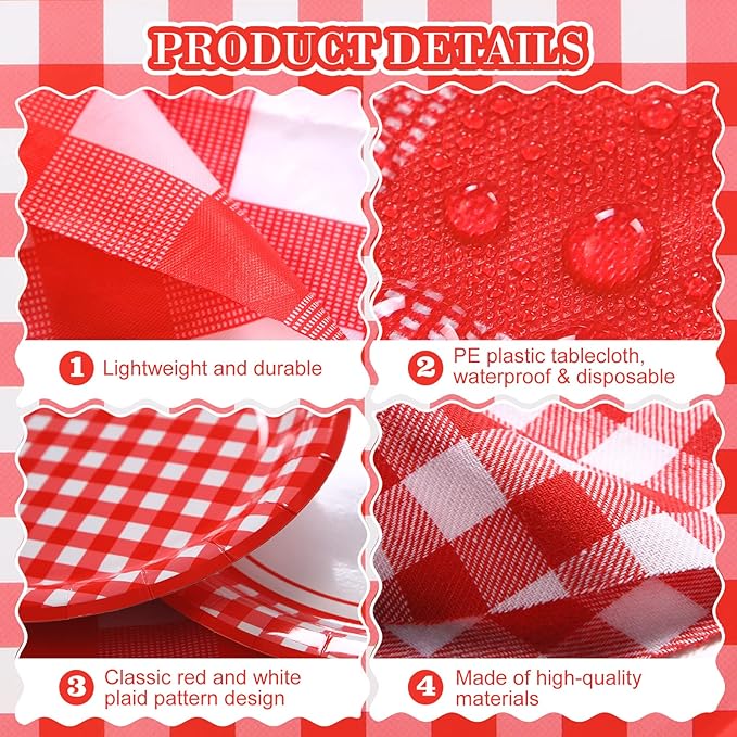 205 Pcs Party Supplies for 25 Guest Checkered Plaid Tablecloth Pennant Banner Plate Cup Napkin Cutlery and Straw for Birthday Family Dinner Picnic BBQ Birthday Party Decoration(Red and White)