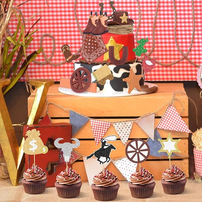 Hooqict 18Pcs Cowboy Cake Decorations Set with Mini Cowboy Hat and Boots, Western Cake Toppers & Rodeo Cupcake Toppers for Wild West Country Themed Birthday Party Decorations Favors