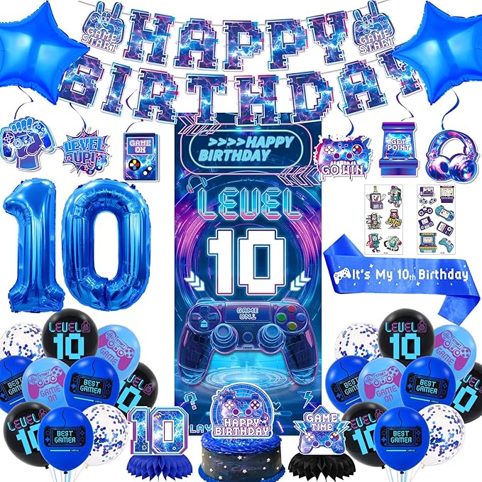 10th Birthday Decorations for Boys, Video Game Level 10 Birthday Decorations Include Banner Backdrop Sash Honeycomb Centerpieces Hanging Swirls Stickers Cake Topper for Gamer Party Supplies