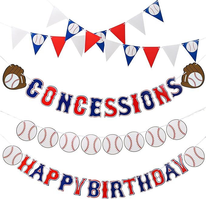 Set of 5 Baseball Birthday Banners Baseball Sports Paper Garlands Pennant Bunting Flag Decor Concessions Party Sign for Party Supplies Boys and Girls