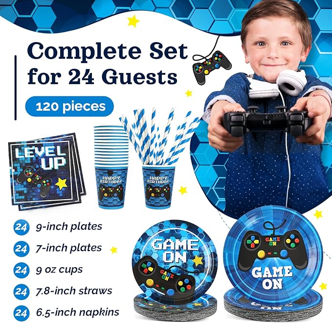 Video Game Birthday Party Decorations, 120Pcs Gaming Party Supplies Disposable and Engaging Tableware Includes Paper Plates, Napkins, Cups and Straws | Serves 24