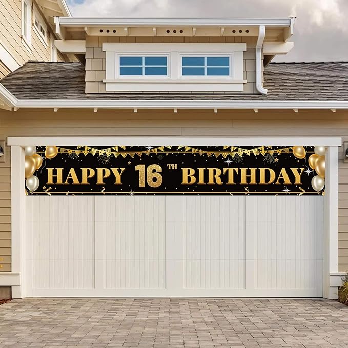 Large Happy 16th Birthday Decoration Banner, Black and Gold Happy 16th Birthday Banner Sign, 16th Birthday Party Decorations Supplies(9.8x1.6ft)