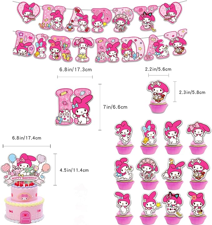 Melody Birthday Party Decorations, Kawaii Cartoon Party Supplies with Banner, Cupcake Cake Toppers and Foil Balloons Party Favors for Fans Birthday Background Decorations