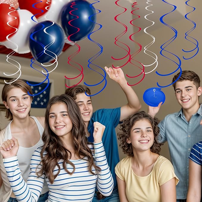 Ceiling Swirl Foil Decorations Hanging Plastic Streamer Themed Swirl Party for 4th of July Graduation Celebration Labor Day, Pack of 28 (Blue Red and Sliver)