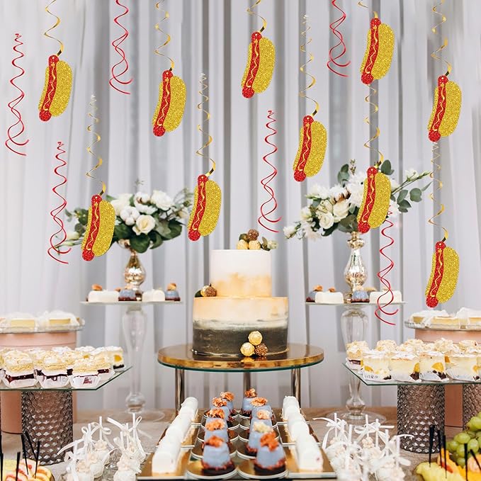 Hotdog Sign Hanging Swirl Decorations - Glitter 16 Pcs Fiesta Birthday Party Supplies - Girls Boys Birthday Party - Engagement - Wedding Streamers - Hot Dog Party Foil Swirls Ceiling Decorations