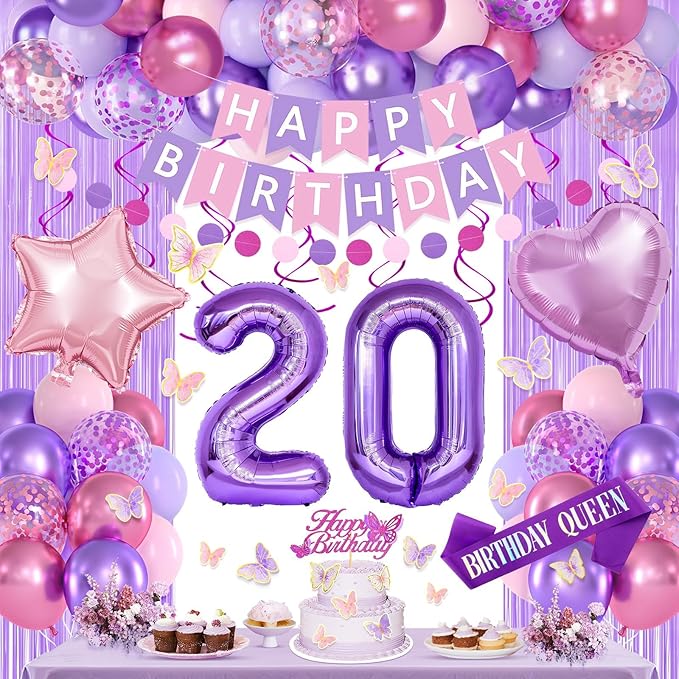 20th Purple Birthday Decorations for Women, Pink and Purple Happy 20 Birthday Party Decorations with Happy Birthday Banner, Number Foil Balloons, Butterfly Cake Topper for 20th Party Supplies