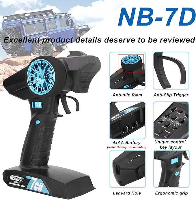 7 Channels RC Transmitter with Receiver Built-in Light Control System and 12LED Light Set, 2.4GHz Radio Remote Controller for RC Car Crawler Truck Racing Buggy Off Road On Road Boat Tank(Blue)