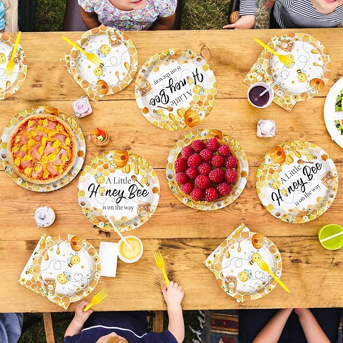 96Pcs Bee Baby Shower Decorations Honey Bumble Bee Baby Shower Plates and Napkins Tableware Sets A Little Honey is On The Way Party Decoration for Bees Gender Reveal Birthday Party Supplies Serve 24