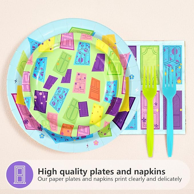 96Pcs Monster Birthday Party Supplies Colorful Door Party Plates and Napkins Disposable Monster Themed Tableware Set for Kids Birthday Baby Shower Decorations, Serves 24