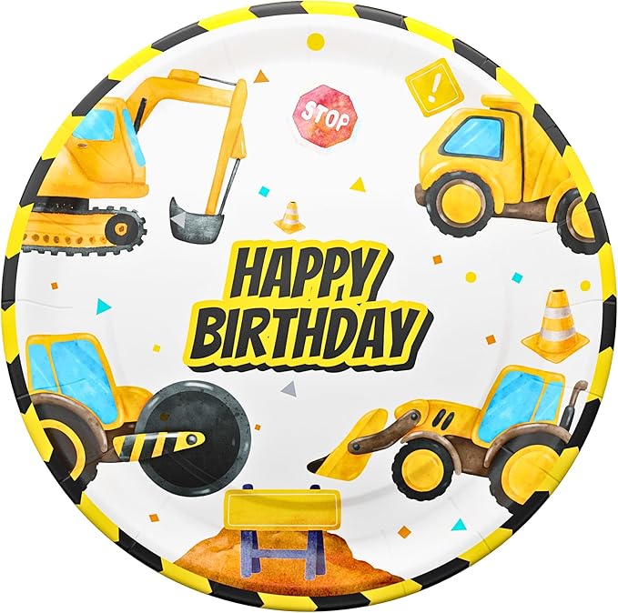 Blue Orchards Construction Plates and Napkins (52 Pieces for 16 Guests) - Construction Theme Birthday Party, Caution Decorations, Excavator Party, Plates and Napkins, Engineering Theme Party