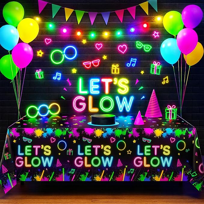 Oigco 3 Pcs Neon Tablecloth, Neon Party Decorations Let's Glow Table Cover for Birthday Glow in The Dark Party Supplies, 54 x 108 Inch