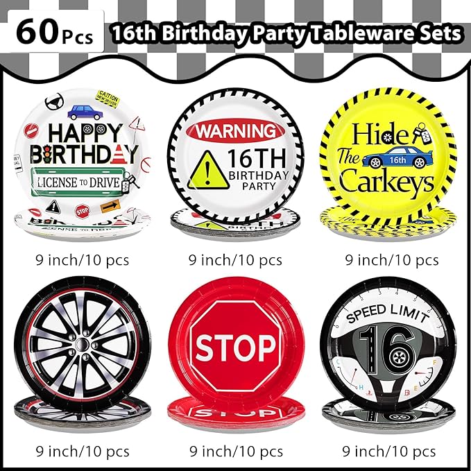Grencian 60Pcs Drivers License 16th Birthday Paper Plates 9" Large Heavy Duty Car Themed Road Platters Colors New Driver Dessert Plates for Boys Teens 16 Years Old Birthday Cars Party Decorations