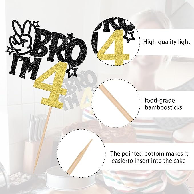1 PCS Brother I'm 4 Cake Topper Glitter Star Happy 4th Birthday Cake Pick Bro I'm 4 Cake Decoration It's My 4th Birthday Decorations for Boys Cheers to 4 Years Old Birthday Party Supplies Gold