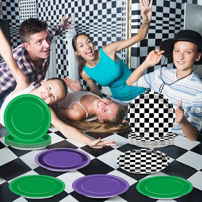 CHUNNIN 48PCS Green Purple Monster Truck Party Paper Plates for Monster Truck Themed Party Supplies 7" Checkered Racing Car Cake Disposable Dinnerware for Kids Birthday Baby Shower Decorations