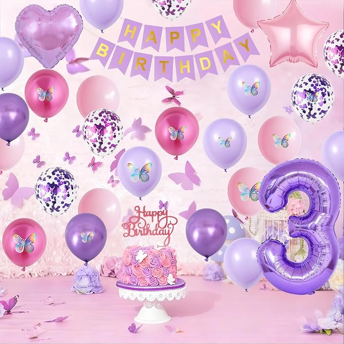 3rd Birthday Decoration for Girls,Pink Purple 3rd Birthday Balloon Number 3 Balloon with Butterfly Stickers Star Heart Foil Balloons Banner Princess Party Decoration for 3 Year Old Party