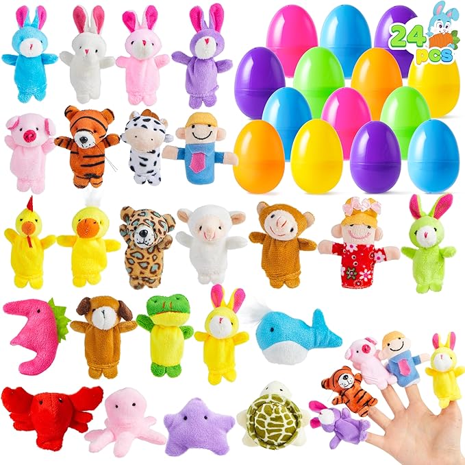 JOYIN 24 Pcs Prefilled Easter Eggs with Animal Finger Puppets for Toddlers and Kids, Easter Basket Stuffers, Easter Egg Hunt, Easter Goodie Bag Fillers Classroom Prize and Party Favors