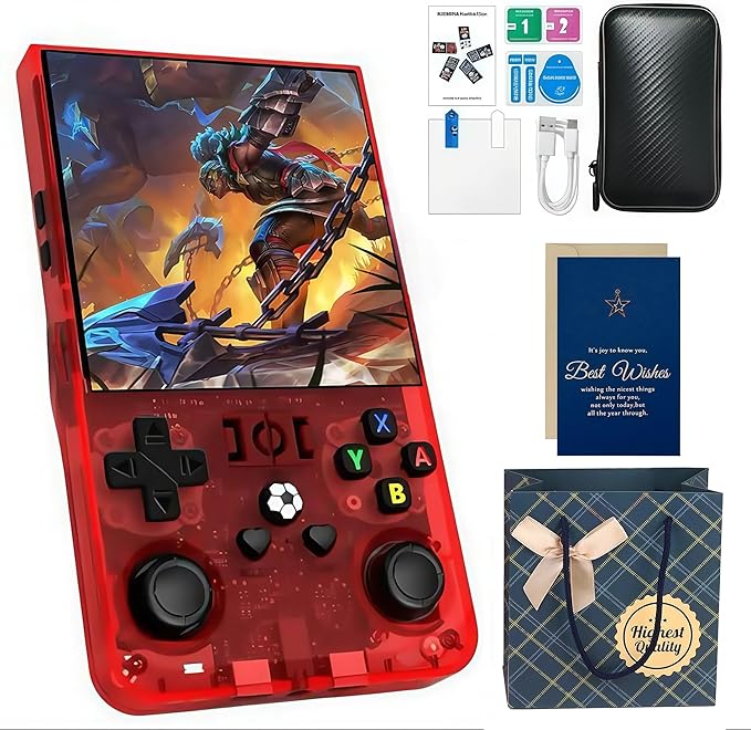 MYCHA R36MAX Retro Handheld Game Console Christmas Set with Gift Card & Bag,4 inch HD IPS Screen 128GB 21000+Classic Games,Portable Gift for Gamer (Red Set)