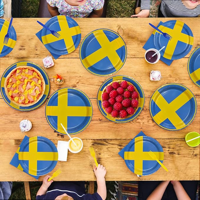 96 Pcs Sweden Flag Themed Party Decorations Disposable Swedish Paper Plates and Napkins Sweden Themed Tableware Set for Country Decoration School Sports Events Party Supplies, Serves 24