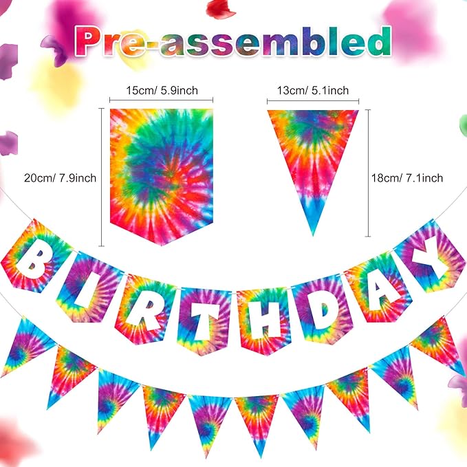 Tenare 15 Pieces Tie Dye Party Happy Birthday Banner Pennant Banner and 60's Hippie Theme Foil Swirl Decor for Tie Dye Party Art Classic 60s 70s Theme Hippie Carnival Shower Birthday
