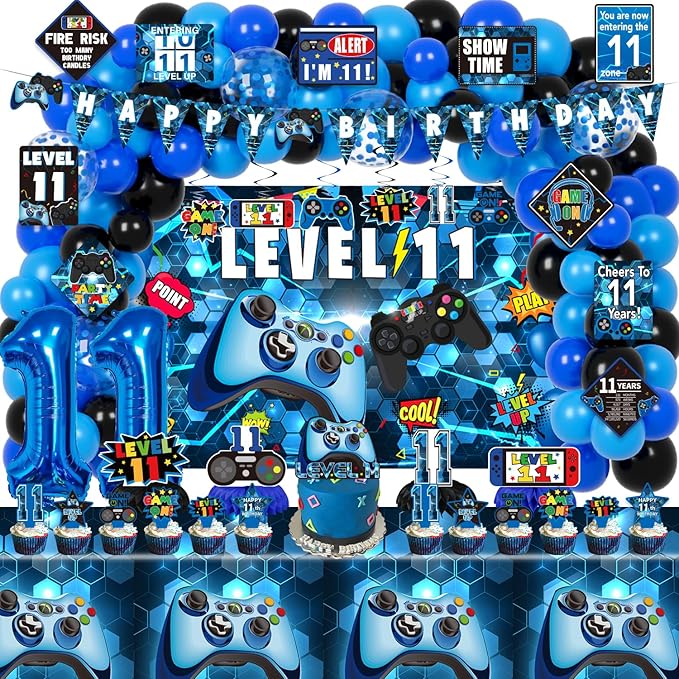 11th Birthday Decorations for Boys, 149Pcs Blue Video Game level 11 Party Supplies for Boy 11th Birthday - Backdrop, Banner, Balloons, Tablecloth, Centerpieces, Hanging Swirls, Wall Signs