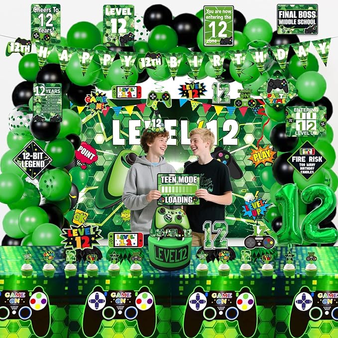 12th Birthday Decorations for Boys, 149Pcs Green Video Game level 12 Party Supplies for Boy 12th Birthday - Backdrop, Banner, Tablecloth, Centerpieces, Hanging Swirl, Hat, Wall Signs