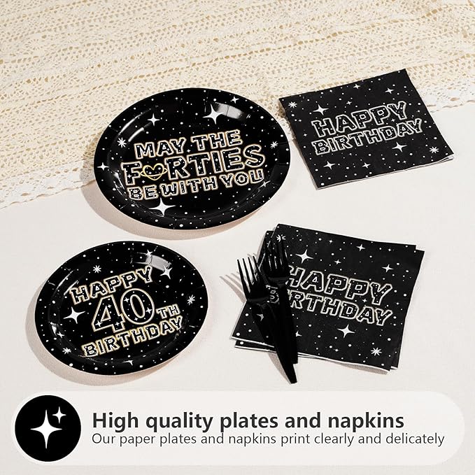 96Pcs May The 40th Be With You Party Decorations Galaxy Stars 40th Birthday Plates and Napkins Sets Happy 40 Years Old Birthday Decorations for Men Women Forty Wedding Anniversary Supplies Serve 24