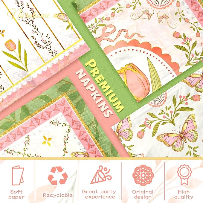 Vintage Floral Paper Napkins 10x10 Inch - 24 Count Tea Party Disposable Napkins, Pink Green Tulip Butterfly Design 3-Ply Cocktail Napkins for Wedding, Birthday, Easter, Garden Party