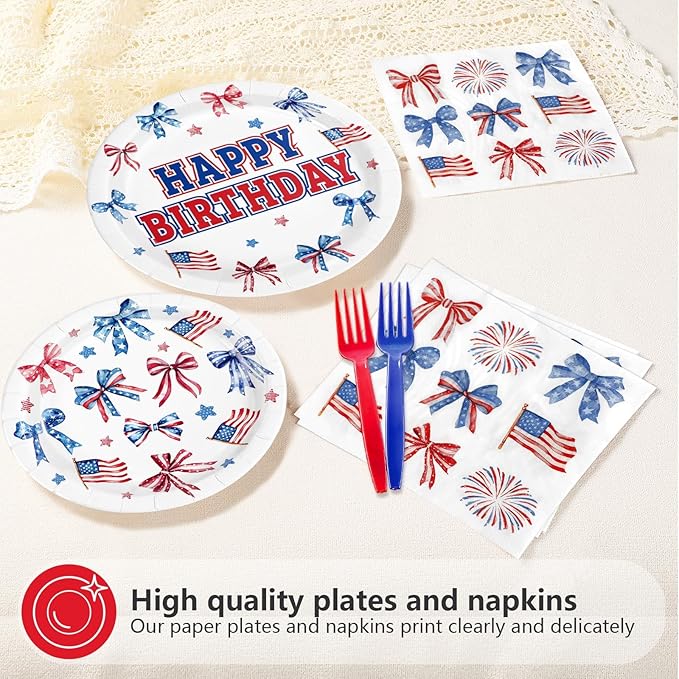 96Pcs Red White and Blue Birthday Decorations Patriotic Plates and Napkins Disposable Blue and Red Bows Decor Paper Tableware for Girls Happy Birthday Presidents Day Party Supplies Serves 24
