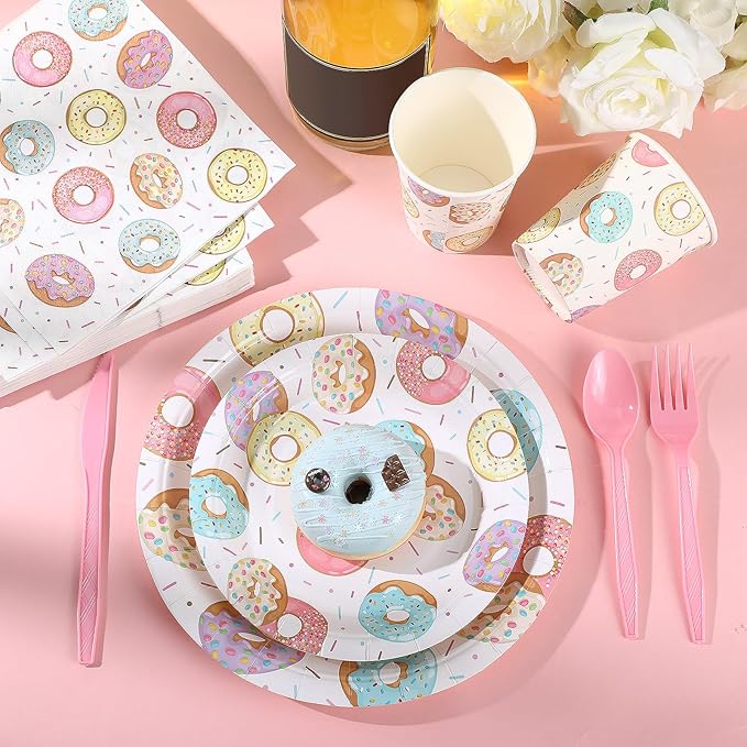 350 Pcs Donut Grow up Party Supplies Tableware Set Disposable 9'' 7'' Paper Plates 9 oz Cups Cutlery Napkins Dinnerware Set for 1st Birthday, Serve 50 (Donut Grow Up, Macron Color)